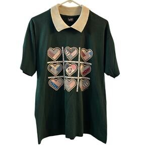 Vintage 1993 Collared Tshirt with Patchwork Hearts Cottage Core Size Large‎